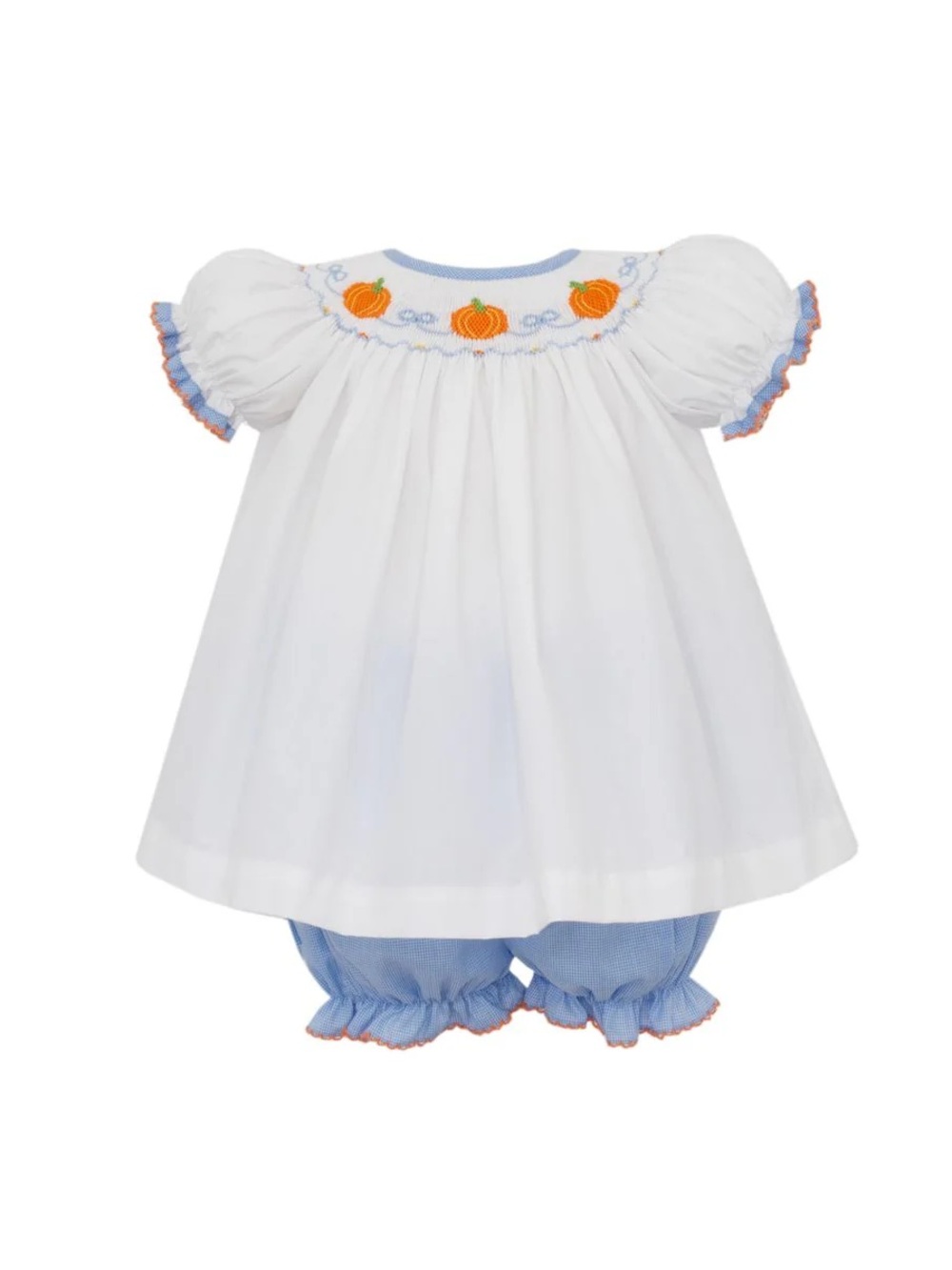 Petit Bebe Girls Blue Bloomers Set - Smocked Orange Pumpkins - 9m - EUC